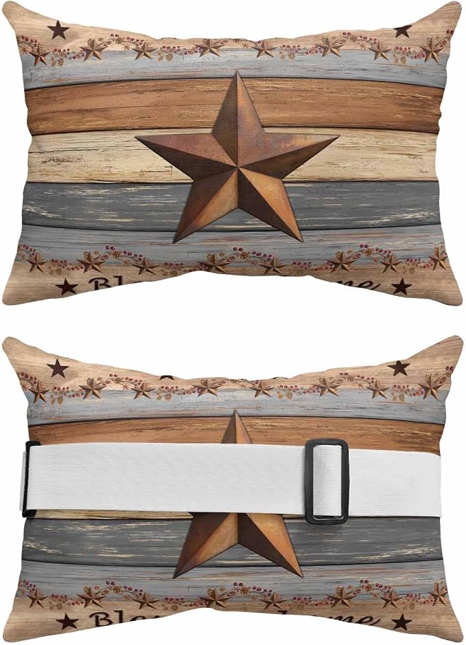 Western Texas Star Vintage Outdoor Pillows for Chaise Lounge Chair Lumbar Pillows with Insert&Adjustable Strap Beach Headrest Pillow Retro Farmhouse Gray Brown Wooden Neck Pillow for Pool 11"x16"