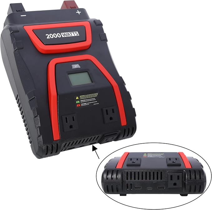 2000 Watt Power Inverter Modified Sine Wave 12v to 115v AC with 3 Sockets Dual USB Type C Ports and LCD Display Heavy Duty Car Power Inverter for Truck Rv Boat Camping Emergency Power