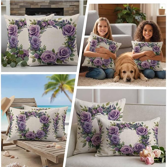 Spring Flower Outdoor Waterproof Throw Pillow Covers Set of 2, 16"x16", Purple Rose Wreath Blooming Floral Retro Decorative Pillow Covers Outside Cushion Case for Patio Porch Garden