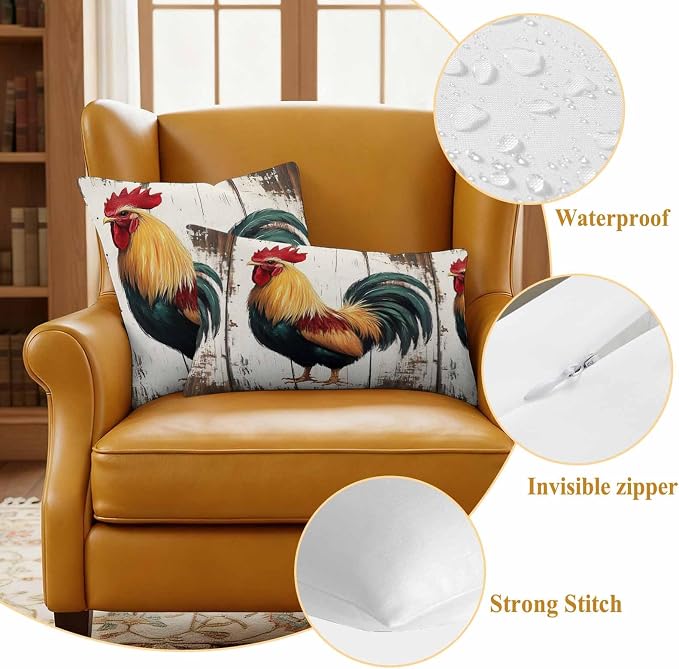 Vintage Rooster Outdoor Waterproof Throw Pillow Covers 24x24 Set of 2, Retro Farmhouse Rooster Watercolor Decorative Pillowcases Cushion Pillowcase for Couch Sofa Patio Outside Pillow Protector