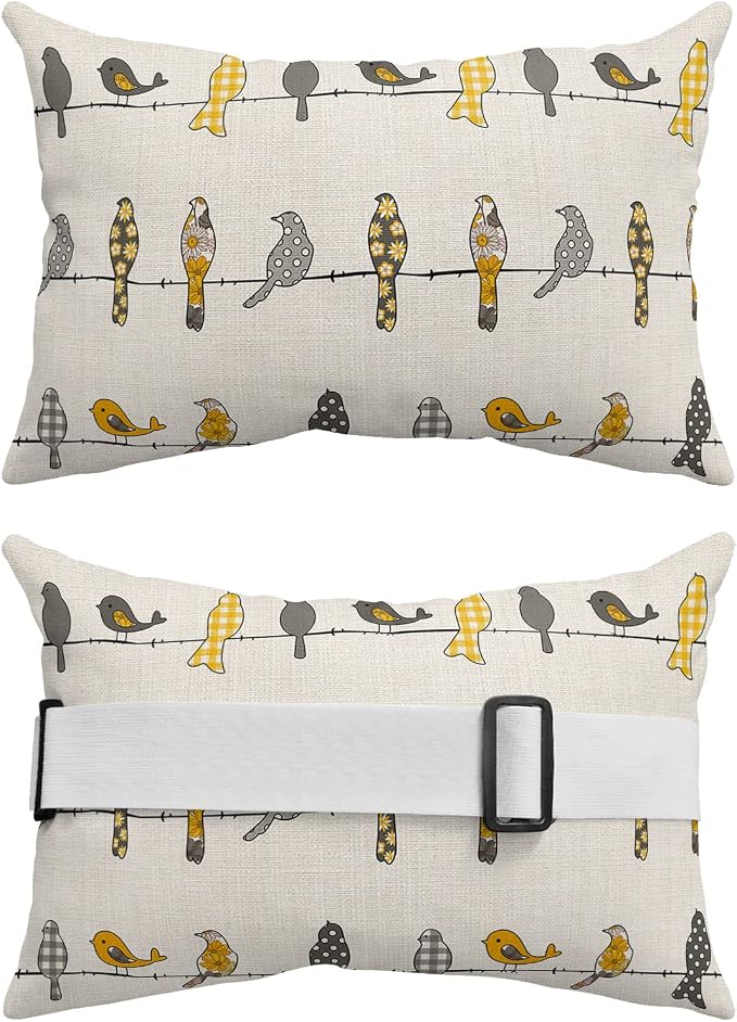 Outdoor Pillows Covers with Inserts Birds on the Wire Yellow Grey Orange Burlap Waterproof Pillow with Adjustable Strap Throw Pillows for Patio Furniture Recliner Lounge Chair, 11x16 inch, 1PCS