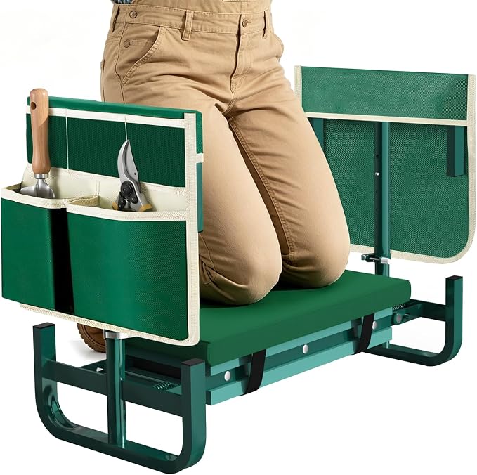 AUROPEAK Garden Kneeler and Seat, 7-Level Adjustable Stool with Handles | Cushioned kneeling pad, folding frame and tool bags for weeding, planting and pruning, ideal for seniors and home gardeners