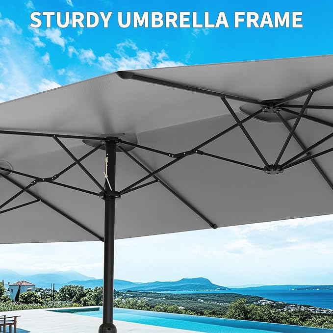 15FT Large Patio Umbrella with Base Included, Outdoor Double-Sided Rectangle Market Umbrella with Crank Handle for Pool, Lawn, Garden, Backyard, Grey
