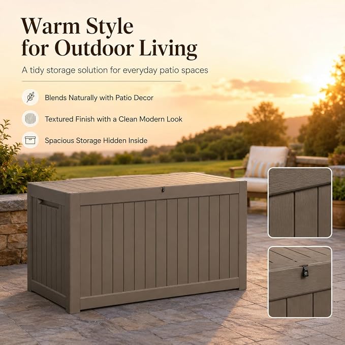 Outdoor Deck Patio Storage Box - 280 Gallon Large Outdoor Deck Box, Plastic Storage Bin with Lid, Outside Toy Box & Pool Storage Container for Cushions, Garden Tools, Towel, Brown