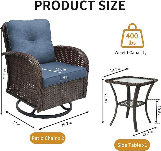 YLGJ&TIDY Outdoor Furniture Swivel Rocker Chairs 3PC Bistro Set 2 Brown Wicker Patio Glider Armchairs with Side Table Cushions Rocking Sofa for Porch Balcony Backyard Deck (Blue, 3PCS Swivel/Table)