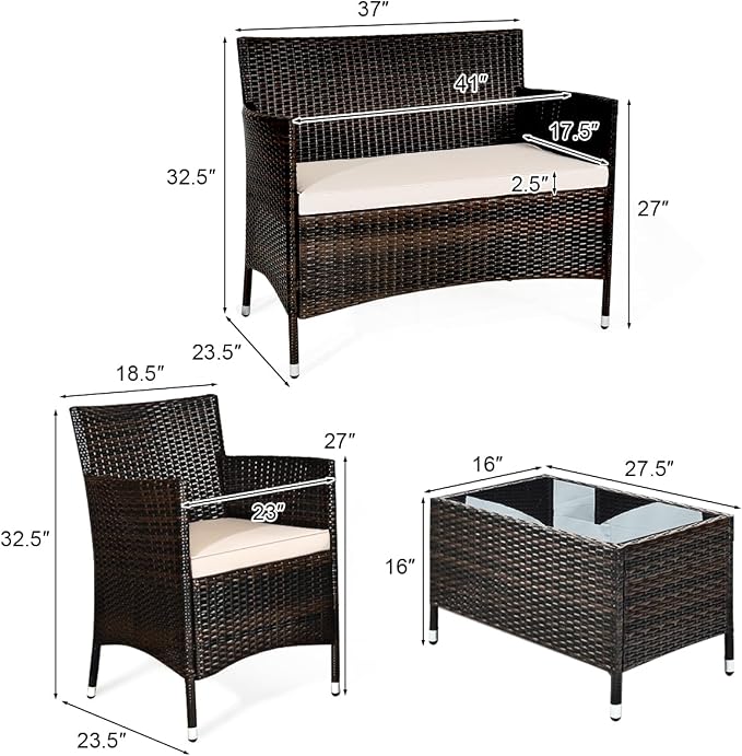 4 Pieces Patio Sofa Set, Wicker Conversation Set with Ergonomic Curved Backrest, Patio Rattan Furniture Set with Water-Resistant Cushion & Tempered Glass Table for Balcony, Porch (Brown)