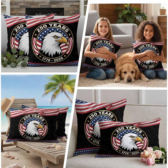 250 Year Anniversary Outdoor Waterproof Throw Pillow Covers 20x12 Set of 2, Independence Day Eagle USA Flag Decorative Pillowcases Cushion Pillowcase for Couch Sofa Patio Outside Pillow Protector
