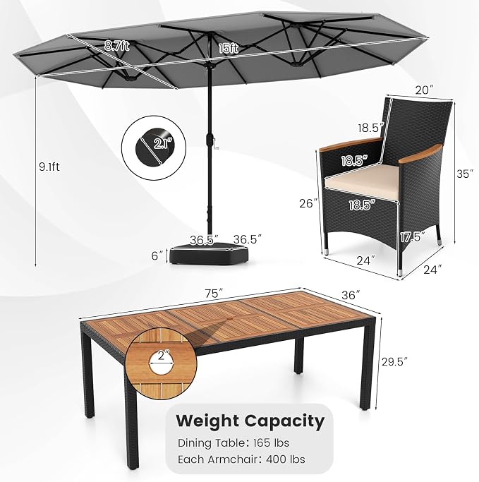 Tangkula 11 Piece Patio Wicker Dining Set w/Double-Sided Patio Umbrella, 8 Stackable Cushioned Chairs, 71" Acacia Wood Dining Table & 15 ft Umbrella with Weighted Base (Grey + Off White)