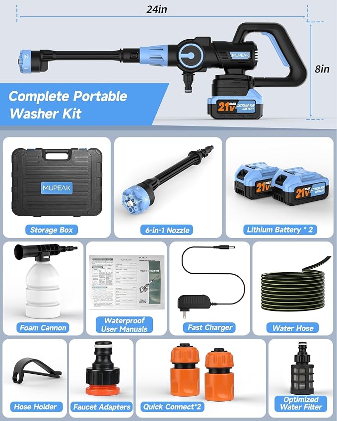 Cordless Washer Operated, 1500PSl-Brushless Portable Washer, 3 Speed Adjustable/6 in 1 Nozzle, Cordless Washers for Car Yard Cleaning, Blue
