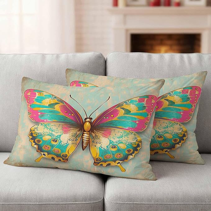Watercolor Butterfly Outdoor Waterproof Throw Pillow Covers Set of 2, 20"x12", Corlorful Vintage Texture Decorative Pillow Covers Outside Cushion Case for Patio Porch Garden