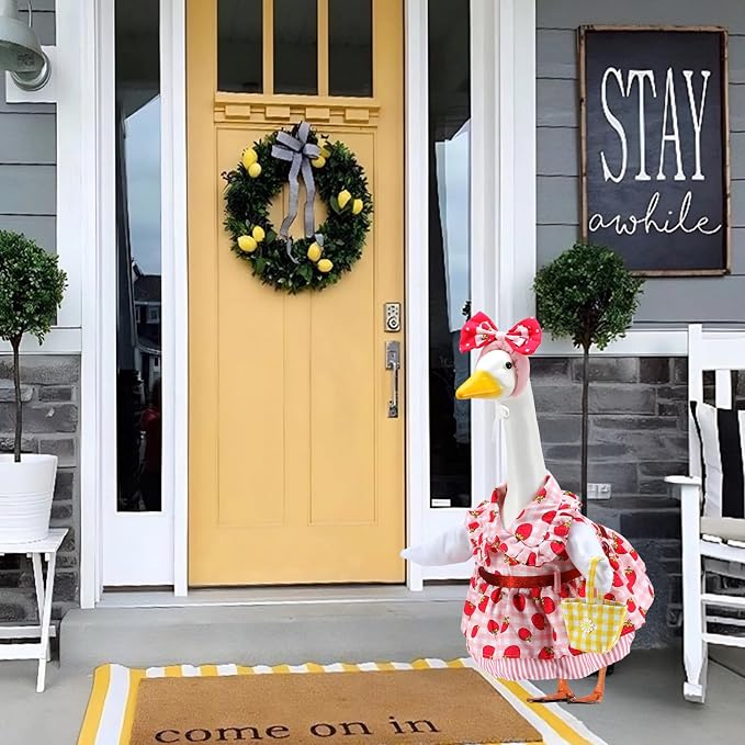 Summer Porch Goose Outfits for 23 Inch Lawn Statue | Strawberry Gril with Basket Costume for Plastic/Cement Statue, Spring Duck Sculpture Clothes for Yard Patio Party Decoration