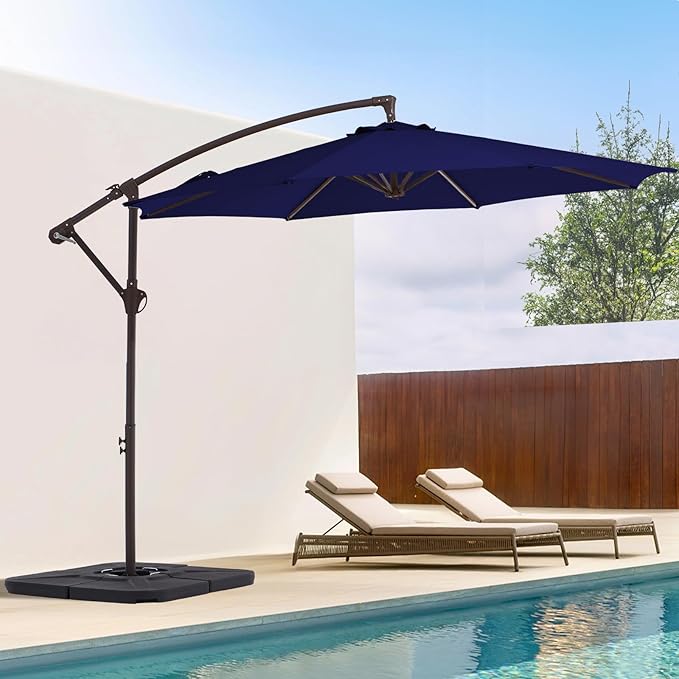 10FT Patio Umbrella, Outdoor Offset Cantilever Umbrella with Sturdy 8 Ribs and Reinforced Base, Easy Tilt Adjustment for Backyard Pool Garden,Navy Blue