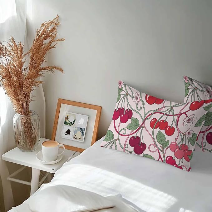 Red Cherry Outdoor Pillow Covers 20"x12" Set of 2, Vintage Red Cherry Pink Floral Vines Pink Waterproof Throw Pillow Covers for Patio Furniture, Decorative Cushion Covers for Porch