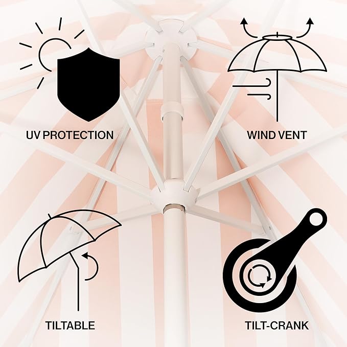 JONATHAN Y UMB1001 Collins 9 ft. Classic Cottage Tassel Market Patio Umbrella with Auto-Tilt, Crank, Wind Vent and UV Protection