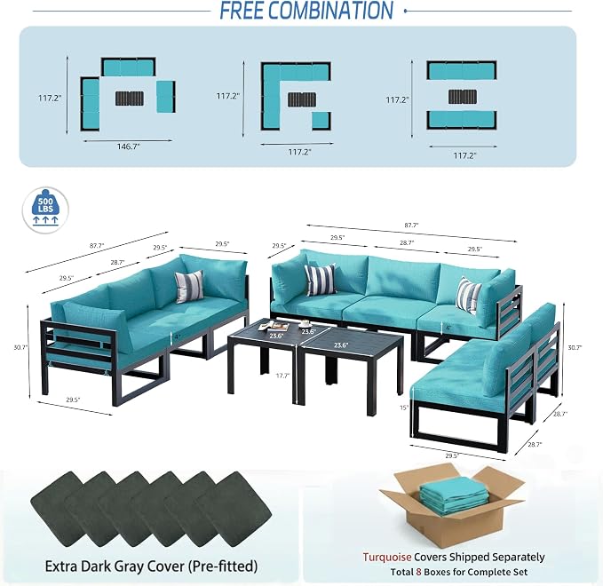NICESOUL 10 Piece Oversized Modular Aluminum Outdoor Furniture Set, 29" Deep and Wide Sectional Seating, 500 lbs High Weight Capacity Water Resistant Patio Conversation Set for Garden Deck, Turquoise