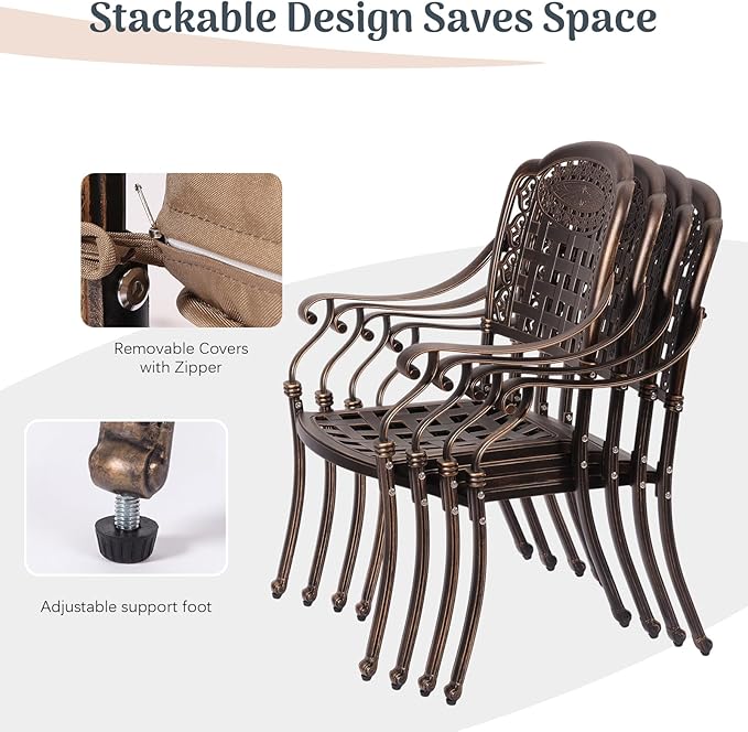 Redlife 7-Piece Cast Aluminum Outdoor Dining Set, 59" Rectangular Patio Table with Umbrella Hole, 2 Swivel Rocker Chairs & 4 Stackable Chairs with Cushions, Lattice Backrest