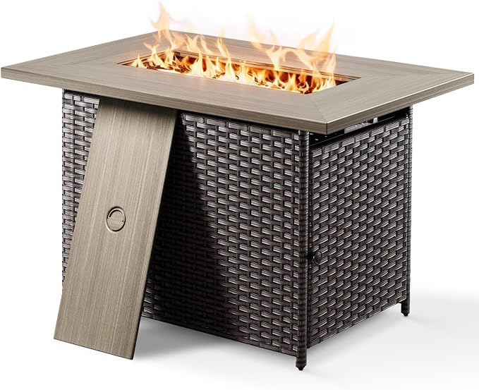Patio Furniture Set with Fire Pit Table, 4PCS Patio Conversation Set Brown Resin Wicker Swivel Patio Chair and Sofa with 41in Rectangular Fire Table PE Rattan Patio Furniture Set