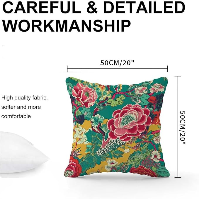 Throw Pillow Covers Chinoiserie Red Peony Floral Pillow Covers Abstract Green and Pink Pillow Cover Accent Decorative Cushion Covers Home Decor for Balcony 20x20 in