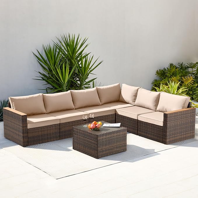 Exclusive Quick Install Patio Furniture Set 7 Pieces Outdoor Patio Furniture Durable Wicker Outdoor Couch Patio Sectional Sofa Conversation Sets for Backyard & Lawn & Outside
