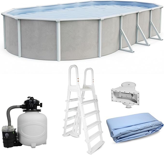 Blue Wave Belize 12x24-ft Oval 52-in Deep Hard Sided Steel Frame Above Ground Pool with 6-in Steel Top Seats, 0.5 HP Sand Filter System, Ladder, Skimmer & Liner – 6,300 Gallon Cap for Family Use
