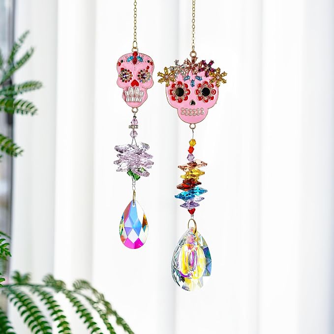 2 Pcs Skull Rhinestone Crystal Pendant Chandelier Suncatcher Hanging Decor | Crystal Bead Chain Suncatcher with Skull Rhinestone Pendant for Chandelier Window Wedding Party Decor Accent