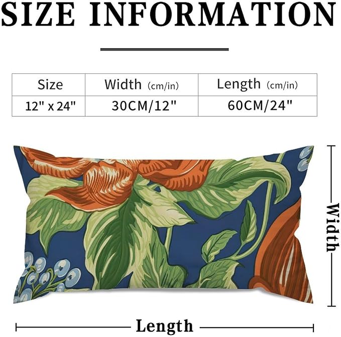 Orange Floral Chinoiserie on Blue Lumbar Pillowcases Peony Chic Asian Pillow Case 12x24in Modern Accent Square Couch Sofa Cushion Covers for for Sofa Couch Bedroom Decoration