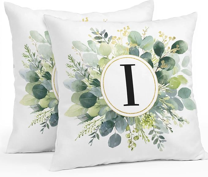Letter I Waterproof Outdoor Pillow Covers Set of 2 Home Decor, Alphabet Green Eucalyptus Leaves Pillowcase Patio Pillow Covers for Couch Bench Patio Furniture Garden 26x26in