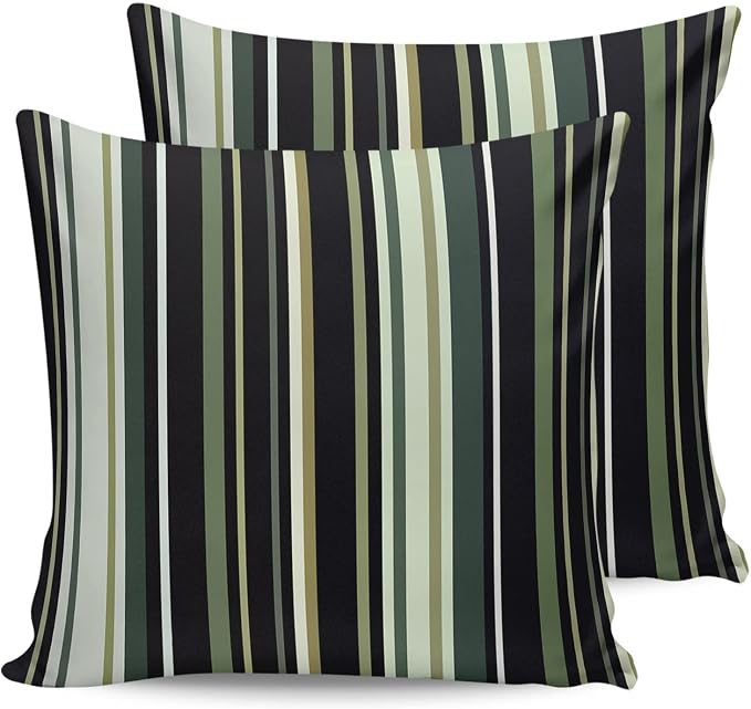Outdoor Waterproof Pillow Covers for Patio Simple Stripe Decorative Throw Pillow Cover Black And Green Geometric Pattern Pillowcases Set of 2 Cushion Case for Sofa Couch Chair Home Decor 16x16 inch
