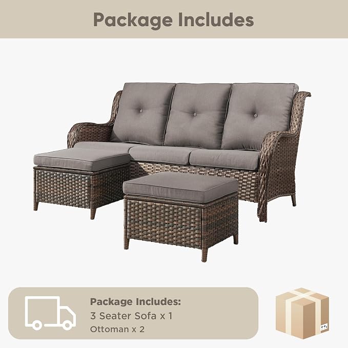 Belord 3-Piece PE Wicker Outdoor Sofa with 2 Ottomans, Luxury Patio Couch Convertible to Chaise Lounge, All-Weather High Back Deep Seat Woven Furniture for Deck, Porch - Brown/Grey
