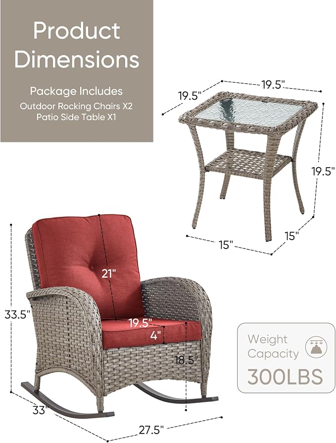 HUMMUH Outdoor Bistro Set-High Back Outdoor Rocking Chair with Side Table Patio Table and Chairs Set for Deck Lawn Porch Balcony Poolside-Grey/Red