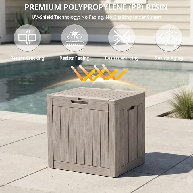 Outdoor Storage Box, 35 Gallon Waterproof Deck Box [Upgraded 3.0], Quick Snap-Lock Resin Cabinet for Seat Pillows, Patio Blankets, Lockable End Table Beverage Stand, Apartment Deck, Grey