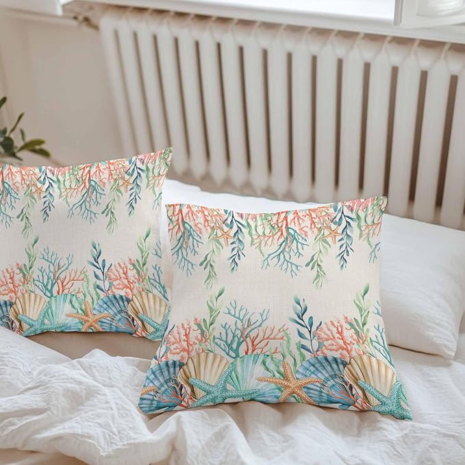 Throw Pillow Covers 20x20 Inch Set of 2, Summer Ocean Waterproof Outdoor Pillow Covers, Watercolor Coastal Coral Shell Seaweed Beige Decorative Cushion Pillowcases for Couch, Sofa, Bed, Garden, Patio