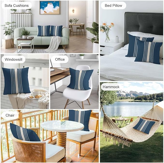 Throw Pillow Covers 20x20 Inch Set of 2, Navy Blue Beige Striped Waterproof Outdoor Cushion Covers, Modern Farmhouse Retro Lines Decorative Pillowcases for Couch, Sofa, Bed, Garden, Patio