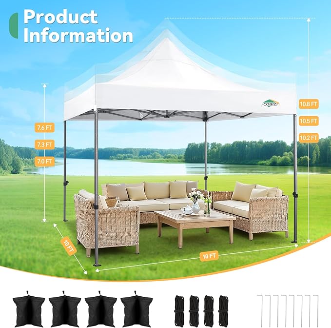 COBIZI 10x10 Pop up Canopy Tent Heavy Duty, Easy Set-up Commercial Outdoor Party Tent, 100% Waterproof Wedding Tents Gazebo, 3 Height Adjustable with Wheeled Bag, White