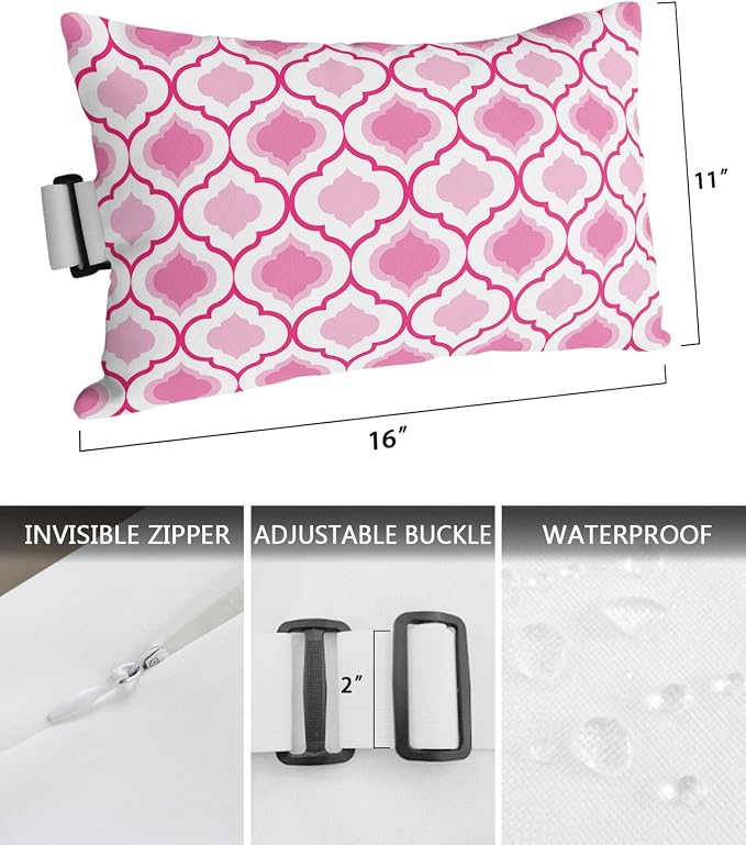 Outdoor Pillows Covers with Inserts Pink Moroccan Pattern Geometric Waterproof Recliner Pillow with Adjustable Strap Throw Pillows for Patio Furniture Pool Lounge Chair, 11x16 inch, 1PCS