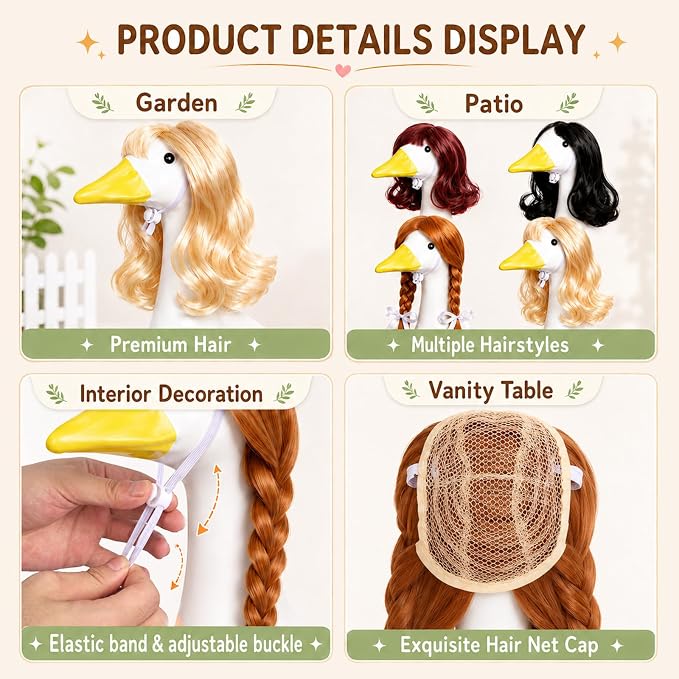 4Pcs Porch Goose Wigs Set Porch Goose Outfits Accessories for Outdoor Statue Accessories Garden Patio Yard Goosey Decoration (4pcs Set with False Lashes)