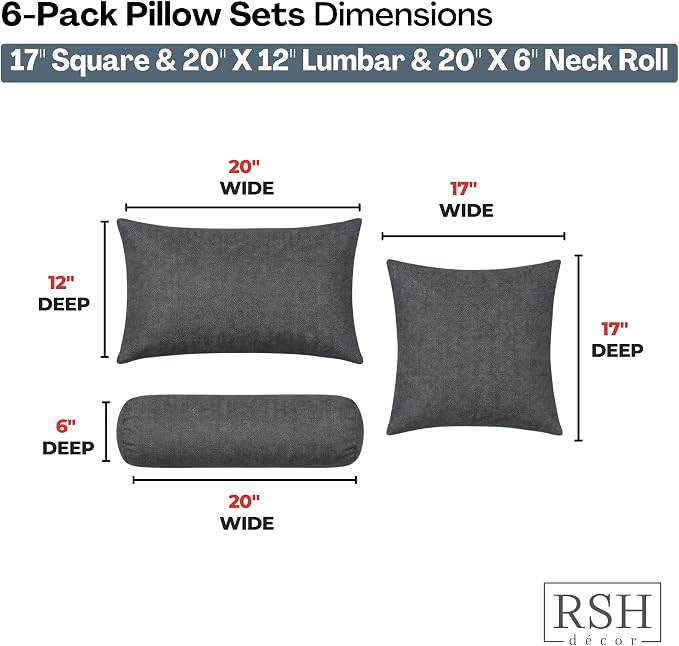 RSH DECOR: 6-Pack Pillow Set | Sunbrella Performance Fabric |Water & Fade-Resistant| 17" Square, 20"x12" Lumbar, 20"x6" Neck Roll | Outdoor Pillows for Patio Furniture | Made in USA (Sancy Denim)