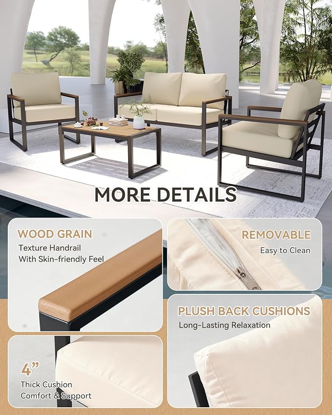 Aoxun Patio Furniture Set, 4 Piece Outdoor Patio Furniture with Thick Cushions, Modern Metal Outdoor Conversation Sets with Coffee Table for Porch, Balcony, Deck Beige