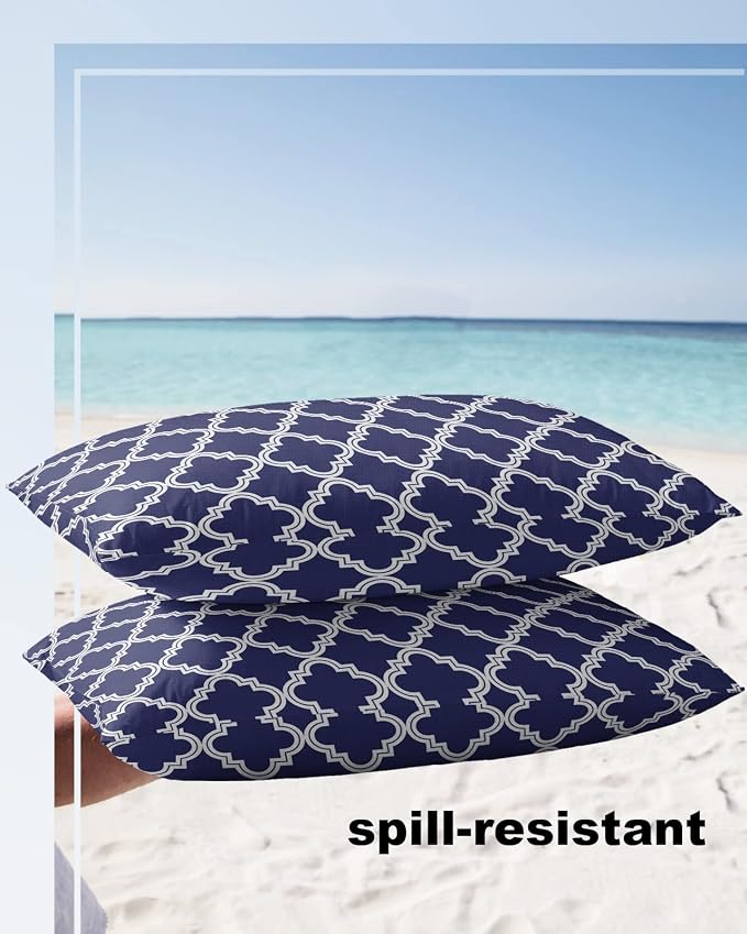 Outdoor Waterproof Pillow Covers for Patio Moroccan Pattern Decorative Throw Pillow Cover Geometric Trellis Navy Blue Pillowcases Set of 2 Cushion Case for Sofa Couch Chair Home Decor 20x12 inch