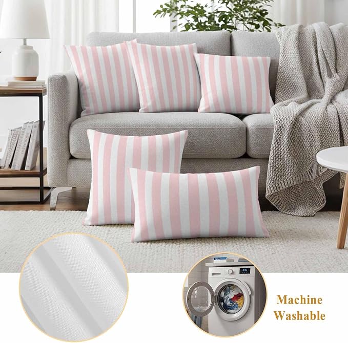 Pink Striped Outdoor Waterproof Throw Pillow Covers 20x20 Set of 2, Modern Farmhouse Pink White Stripes Decorative Pillowcases Cushion Pillowcase for Couch Sofa Patio Outside Pillow Protector