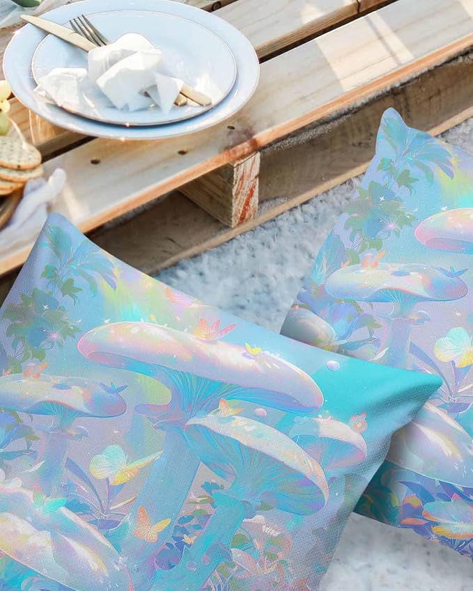 Outdoor Waterproof Throw Pillow Covers 24x24in, Abstract Rainbow Colors Cushions for Garden Patio Furniture Chairs Set of 2, Soft Butterfly Mushroom Home Decor Couch Sofa Polyester Pillow Cases