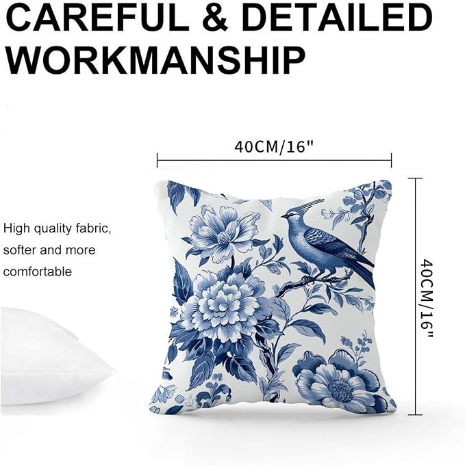 Blue Indigo Floral Chinoiserie Cushion Cases Asian Navy Lotus Bird Throw Pillow Cover Farmhouse Outdoor Waterproof Decorative Pillow Cover for Patio Funiture Garden 16x16 in