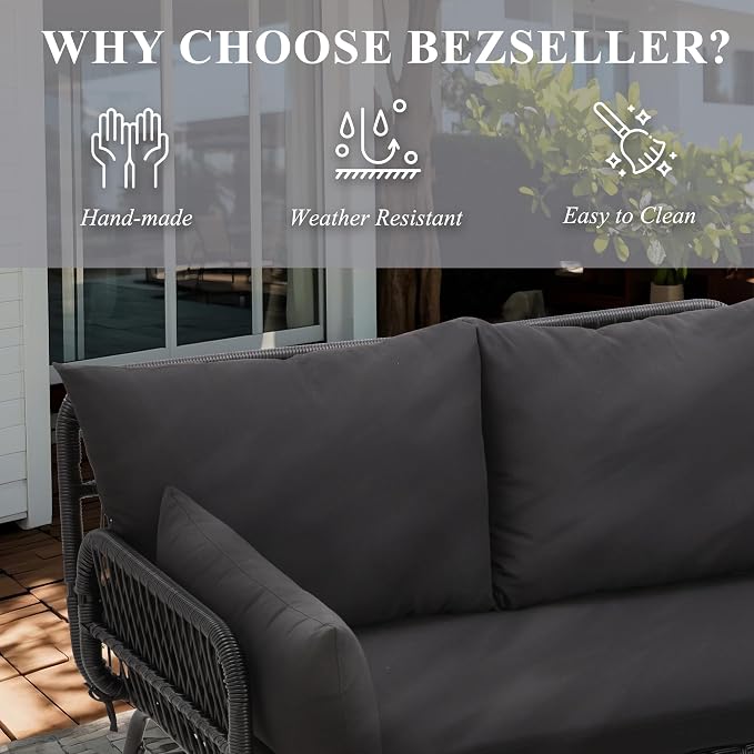Bezseller 3-Piece Outdoor Patio Furniture Set, L-Shaped Rattan Sectional Sofa with Thick Cushions, Glass Coffee Table – All-Weather Conversation Set for Backyard, Porch, Poolside