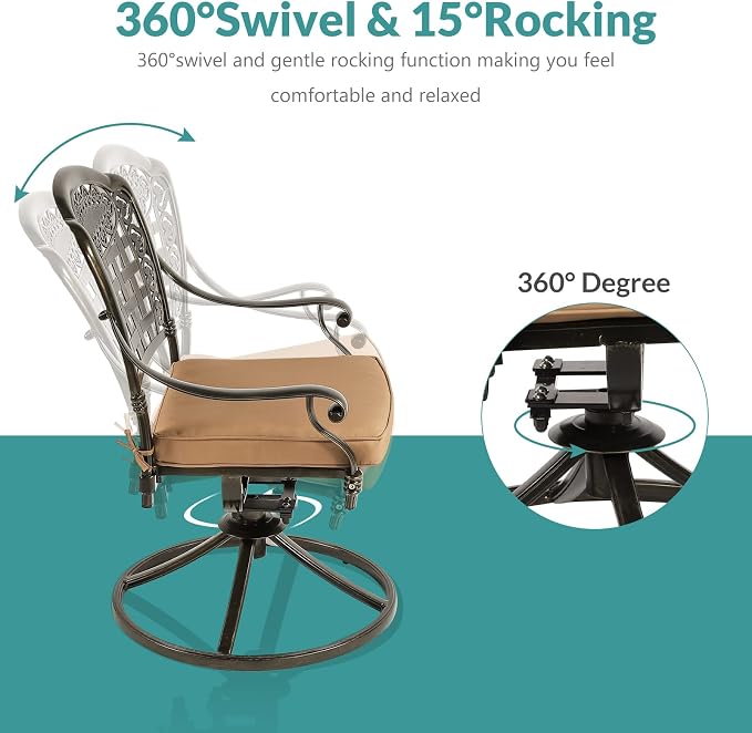 MEETWARM 3-Piece Outdoor Patio Dining Set, All-Weather Cast Aluminum Patio Conversation Set with 2 Cushions Swivel Rocker Chairs and 31" Round Table for Backyard Garden Deck, 2.2" Umbrella Hole