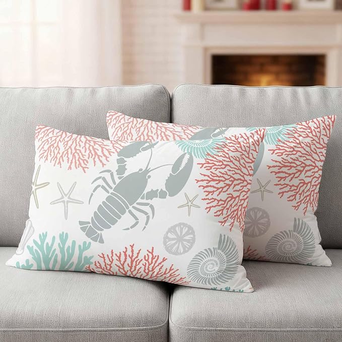 Teal Red Coastal Waterproof Outdoor Pillow Covers Set of 2 Home Decor Summer Lobster Coral Nautical Pillowcase Patio Pillow Covers for Couch Bench Patio Furniture Garden 20x12in
