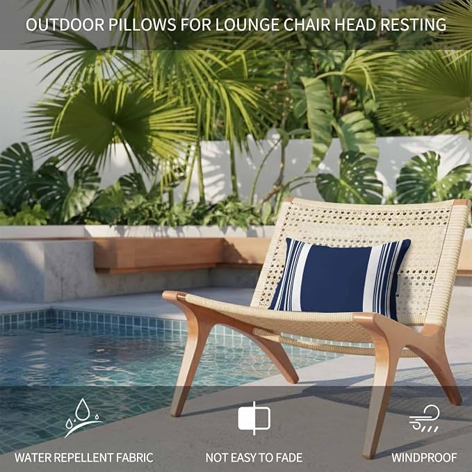 Outdoor Lumbar Pillow Set of 2, Farmhouse Navy Blue Waterproof Beach Headrest Pillow with Inserts, Aesthetic Modern Line Striped Recliner Throw Pillows for Patio Furniture, 12 x 20