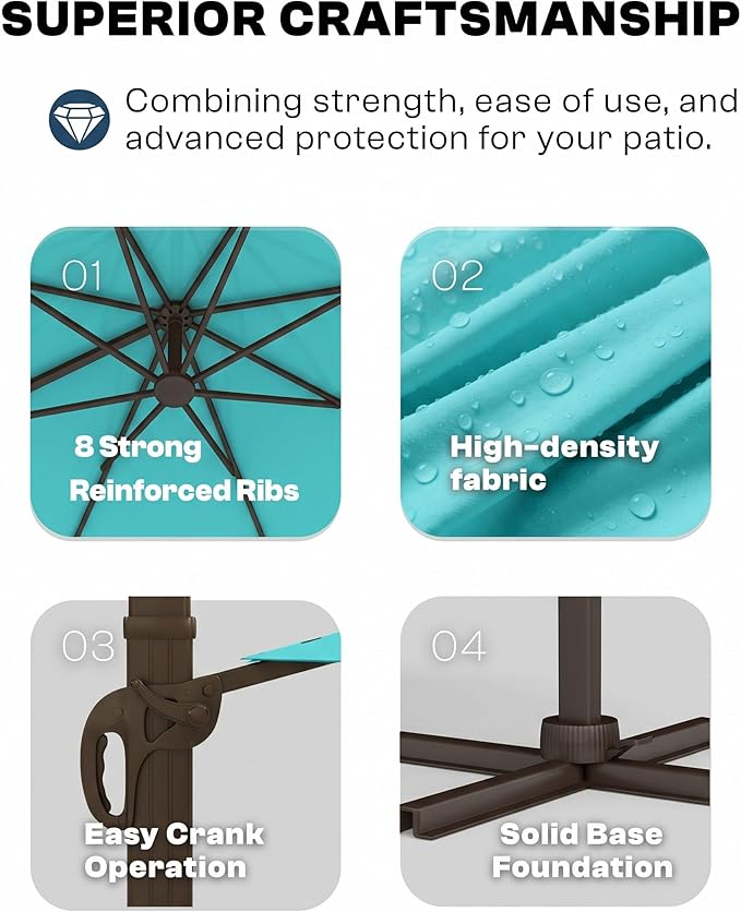 8' X 8' Patio Umbrella, Cantilever Umbrella with 360°Rotation, Offset Patio Umbrella with Easy Tilt & Fade Resistance for Pool Deck Garden Backyard, Peacock Blue (Base not Included)