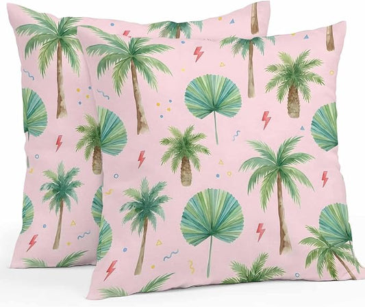 Yukro Tropical Palm Tree Outdoor Waterproof Pillow Covers Pack of 2, Lightning Summer Pink Boho Throw Pillowcases Decorative Cushion Covers for Garden Patio Tent Sofa Couch, 18x18 inch