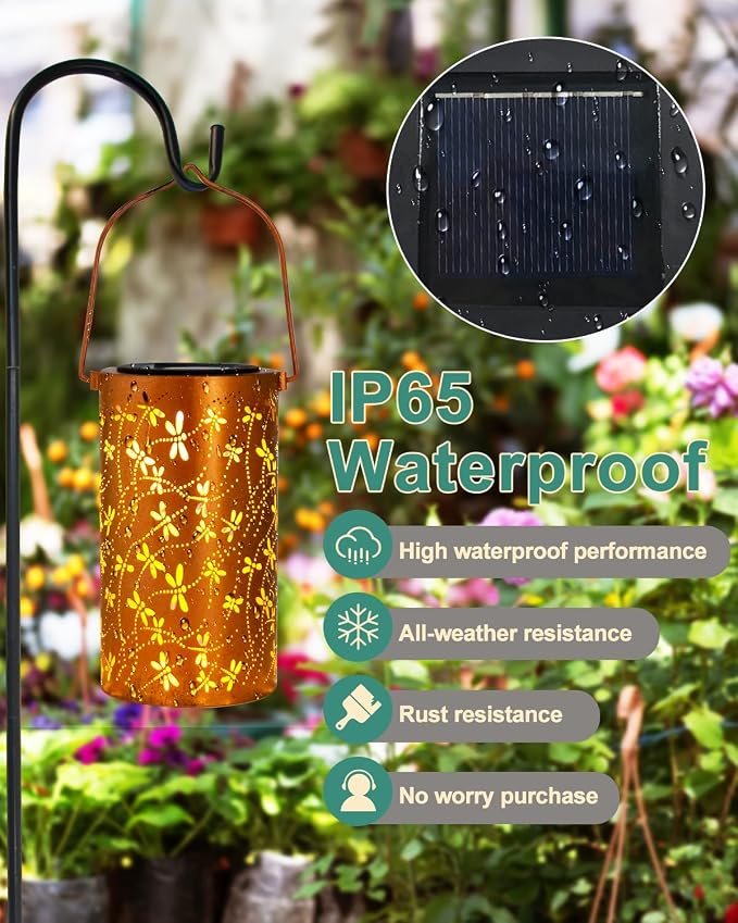 DIBIEECN Birthday Gifts for Women Mom Grandma Wife, Solar Lanterns Outdoor Waterproof, Metal Hanging Lights Garden Decor, LED Decorative Lantern for Patio Porch Backyard, Dragonfly, 2Pack