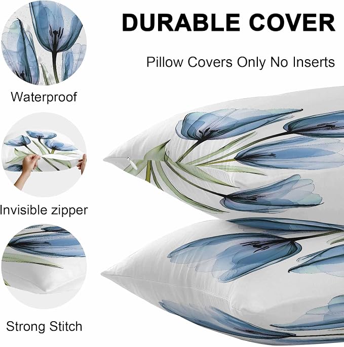 Rustic Blue Tulip Outdoor Pillow Covers 20x20in Pack of 2 Waterproof Pillowcase Watercolor Farmhouse Flower Decorative Throw Cushion Case for Patio Couch Sofa